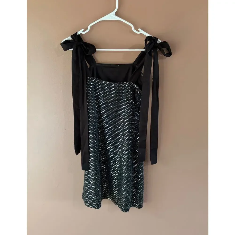 Cider Sparkly Rhinestone Party Mini Dress with Bow Shoulder Strap Ties - Picture 3 of 5